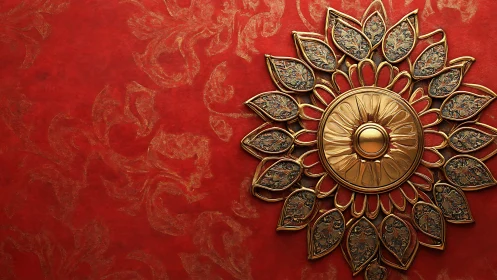 Gilded sunburst mandala blooming over crimson tapestry.