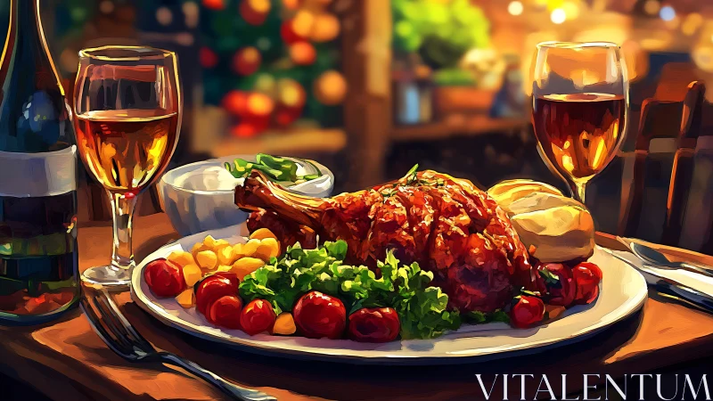 Digital painting of festive roast dinner with wine glasses.