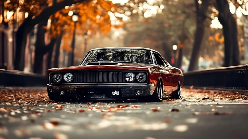 Low-slung classic muscle car glides through autumn avenue.