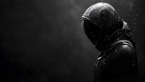 Solitary dark astronaut in reflective suit against void