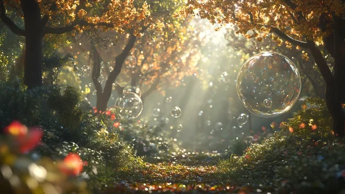 Magical Forest Bubbles in Golden Light.