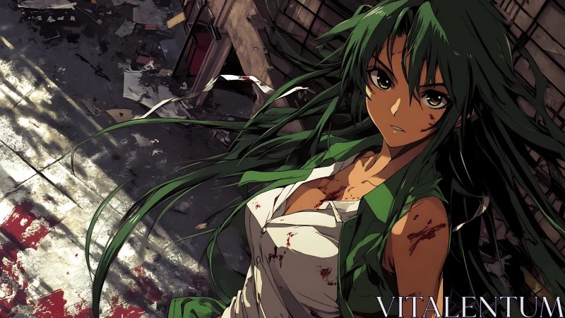 Battle-scarred anime girl in ruined urban alleyway.