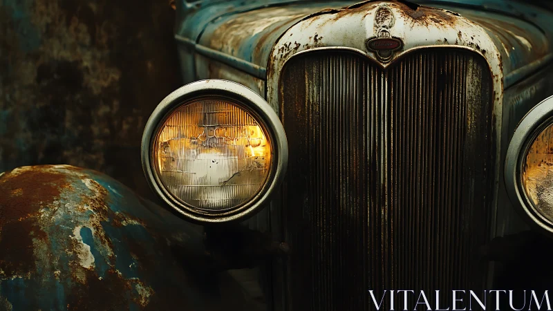 Timeworn vintage car front with glowing headlamps detail.