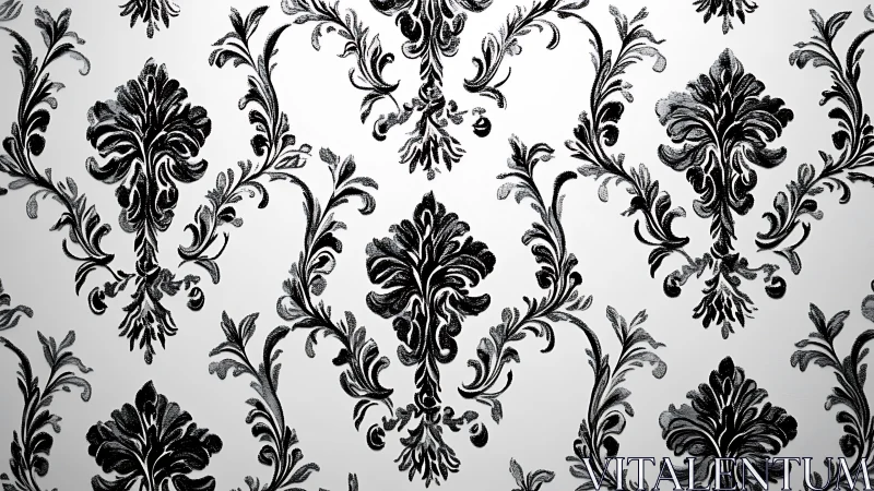 Monochrome baroque damask wallpaper with ornamental repeat pattern.