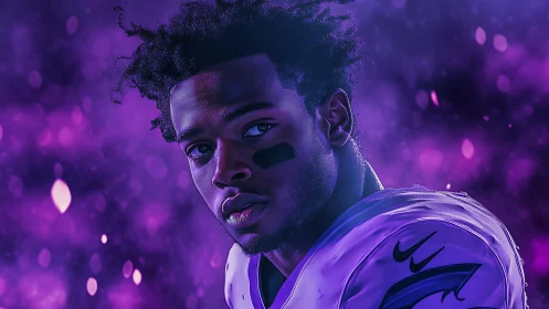 Vivid portrait of football player in ethereal purple glow.