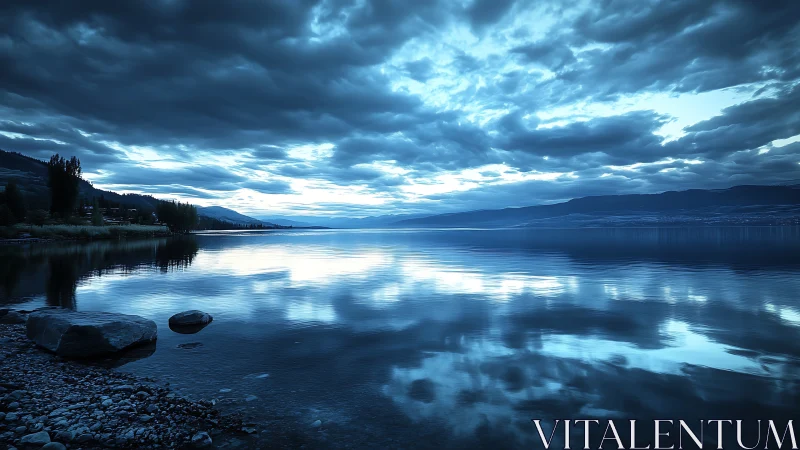 Calm blue lake at dusk wrapped in gentle mirrored clouds.