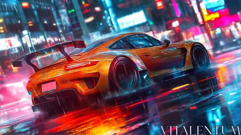 Widebody GT car under neon rain with high-gloss reflections