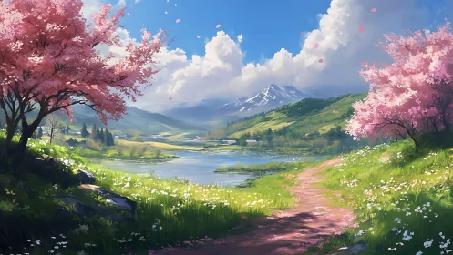 Blossom-kissed valley trail winding toward silver peaks.