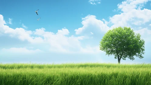 Lone tree in a green meadow under blue sky, photorealistic landscape.