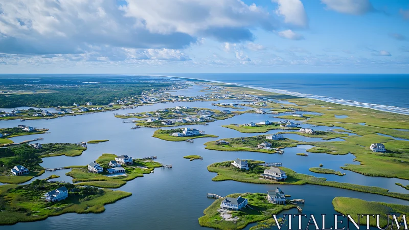 Coastal lagoon homes resting between calm water and sea.