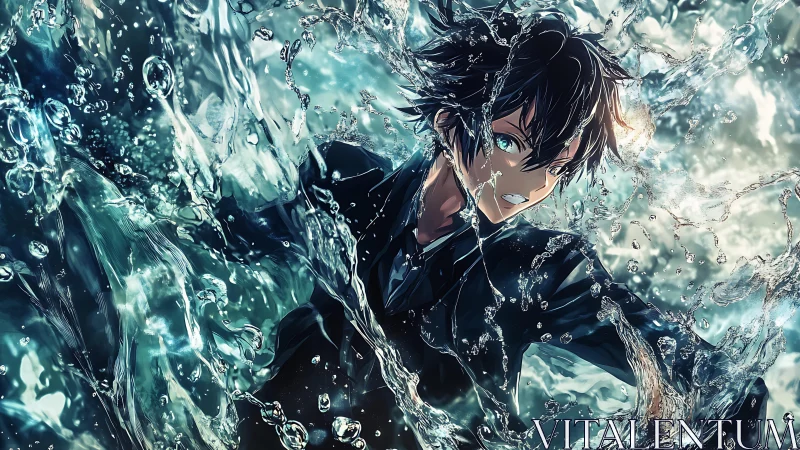 Hydrokinetic anime combatant slicing turbulent aquatic vortices.