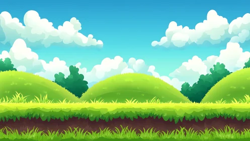 Digital landscape platform with layered hills and stylized sky.