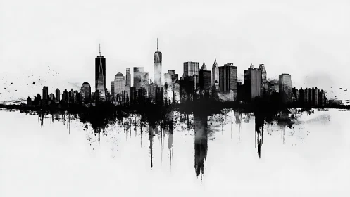 Monochrome skyline dissolves into expressive ink splashes.