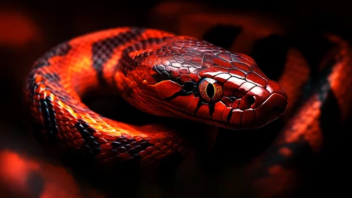Coiled red serpent rendered in hyperreal cinematic lighting