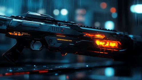 Neon storm rifle humming over rainlit cyberpunk steel.