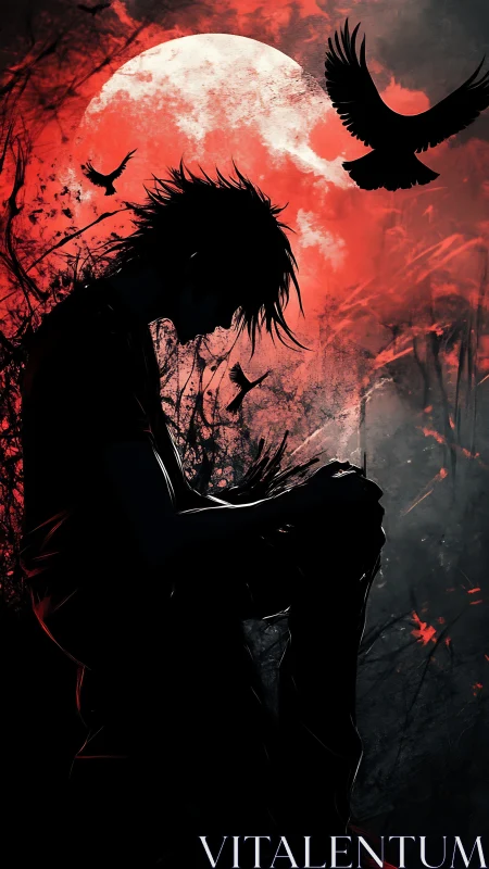 Solitary figure kneels beneath blood red moon and circling crows