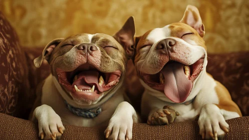 Joyful bulldog buddies sharing a big, contagious laugh.