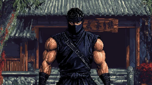 Masked ninja guardian before weathered dojo entrance.