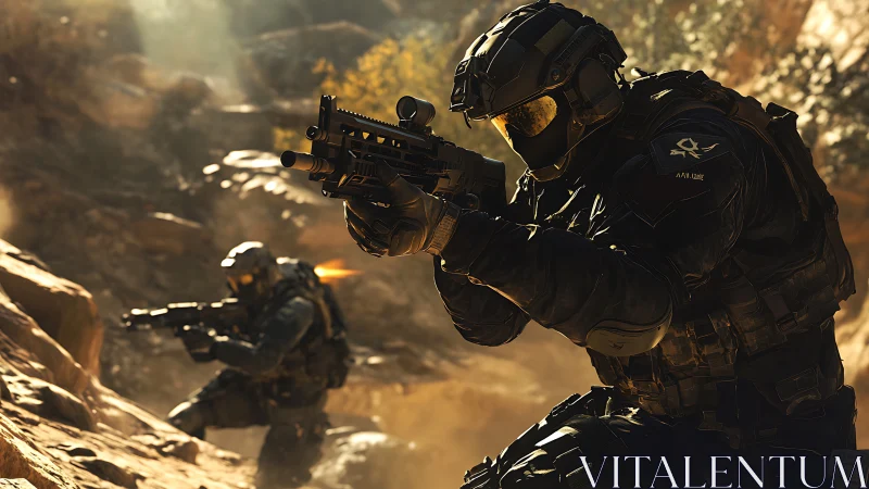 Tactical soldiers in desert canyon with rifles deployed.