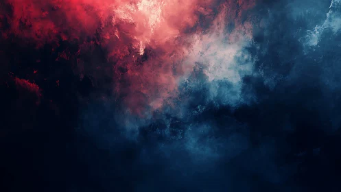 Digital painting of red and blue atmospheric cloudfields.