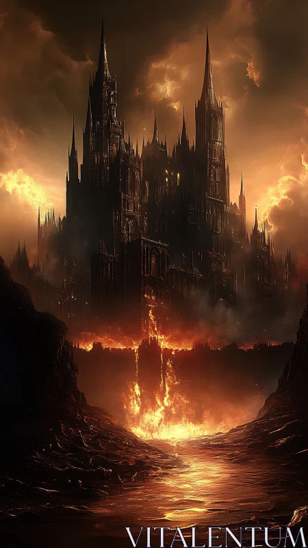 Gothic fortress above central lava fissure at dusk.