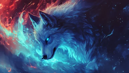 Luminous frostwolf drifts between embers and cosmic tide.