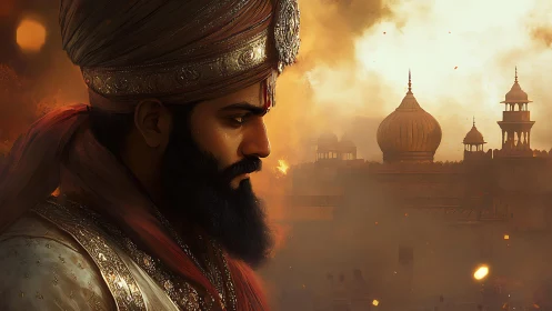 Profile of turbaned figure before domed structures amid haze