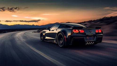 Black sports coupe follows curved highway during sunset