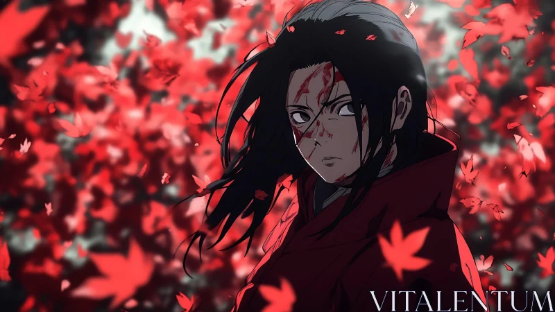 Bloodstreaked warrior in crimson kimono amid swirling maple leaves