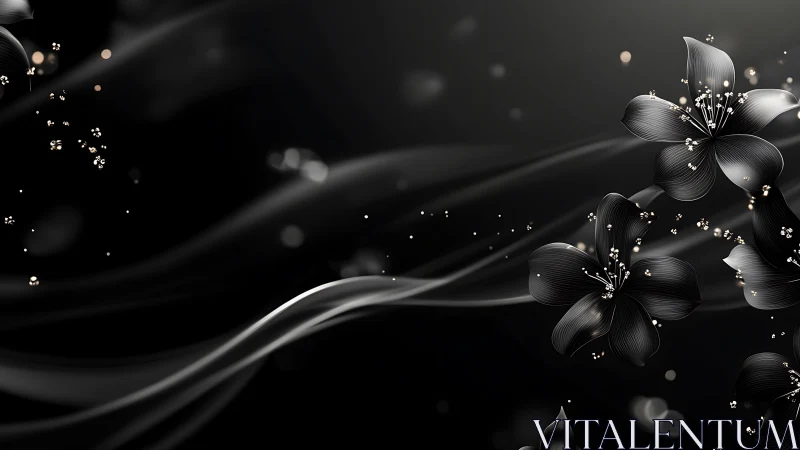 Monochrome floral composition with luminous particles flowing through darkness