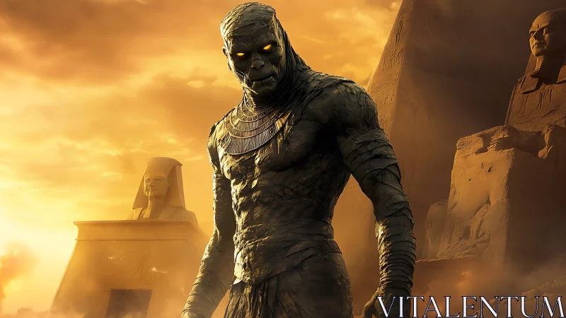 Ancient desert guardian with glowing eyes amid ruined pyramids.