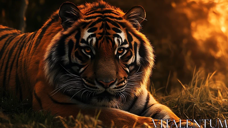 Golden sunset tiger rests gently in warm forest light