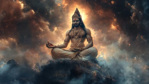 Divine meditative figure rendered in volumetric cosmic cloudscape