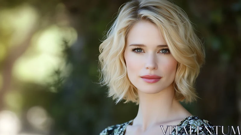 Sunlit portrait of a calm blonde woman in soft focus garden.