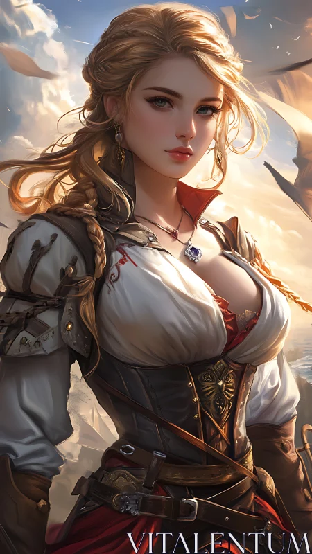 Blonde fantasy adventurer stands in ornate leather armor