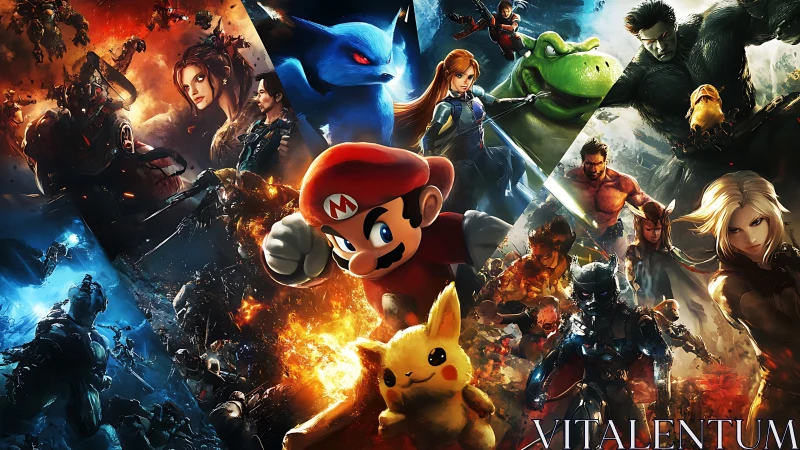 Colorful collage of popular video game heroes in battle.