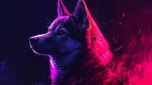 Neon-lit canine profile in abstract digital portrait format.
