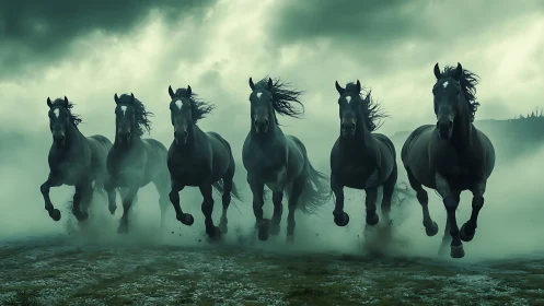 Galloping black horses in cinematic stormlit dust charge.
