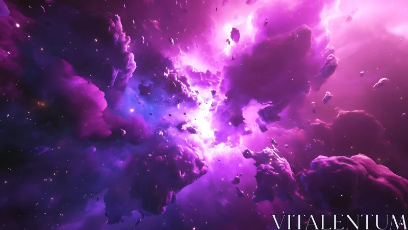 Violet nebula cloudscape with central luminous region.