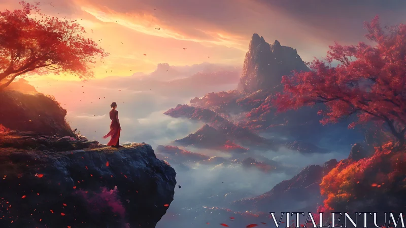 Figure stands on cliff edge overlooking misty mountain valley