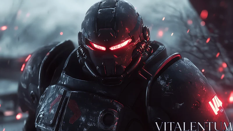 Heavily armored combat exosuit with red visor in snowy embers