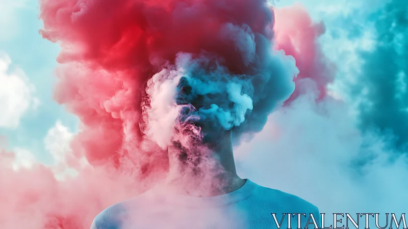 Human figure stands with head obscured by dense colored smoke