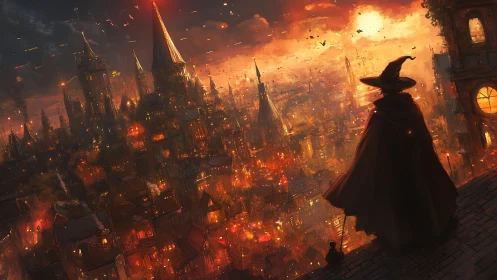 Cloaked wizard drinks in a furnace-bright spellbound cityscape