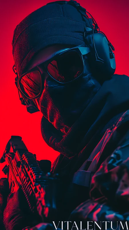 Armed tactical operator in neon red-blue cinematic lighting