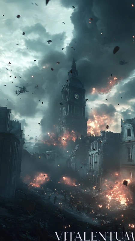 Urban Apocalypse: Clock Tower Destruction in Fiery Ruins