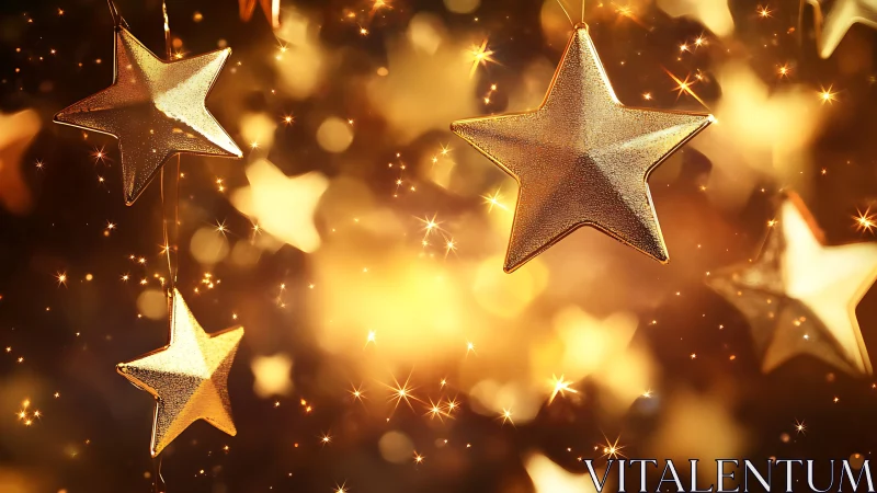 Golden hanging stars shimmer amid glowing holiday lights.