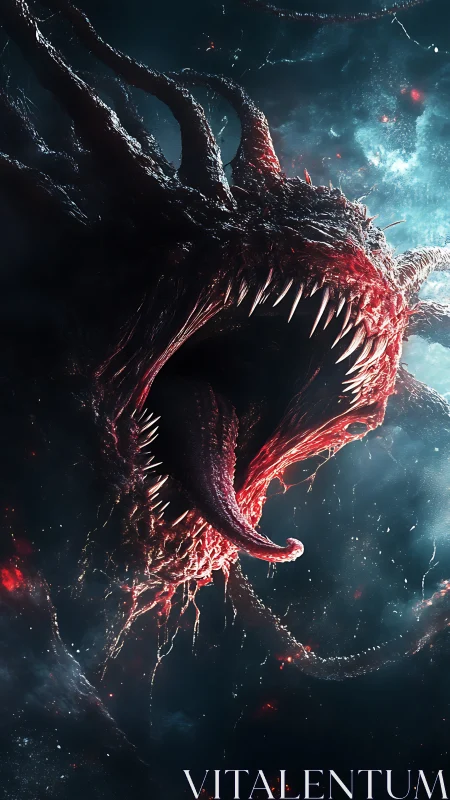 Cosmic tentacled monster opens serrated jaw in space