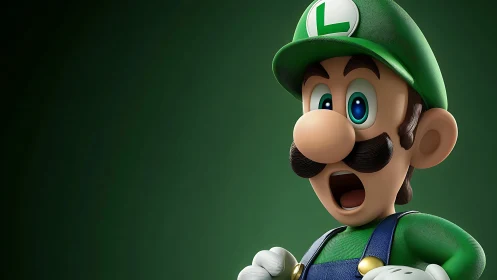 High-gloss 3D render of shocked green-clad game mascot.