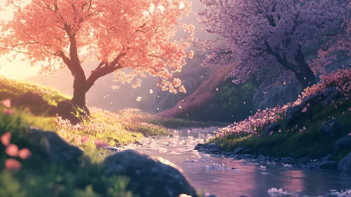Sunlit cherry blossom riverbank glows in gentle spring light.