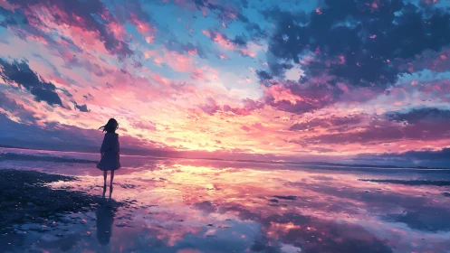 Solitary girl under radiant sunset sky reflection.